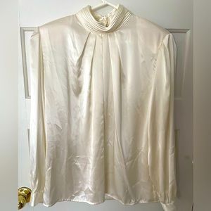 Vintage High Neck Satin Polyester Long Sleeve Blouse w/ Covered Buttons